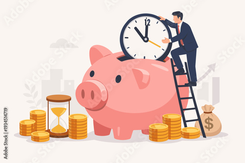 Businessman putting a large clock into a pink piggy bank, representing the time is money concept for financial success, long term investment, savings, and wealth management with gold coins.