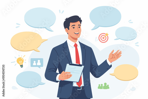 Confident professional businessman in a suit giving a presentation with speech bubbles, lightbulb idea, and target icons. Concept of verbal communication, public speaking, and storytelling skills.