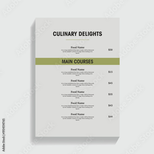 Restaurant menu with main courses and placeholder food items Keywords: menu, restaurant, food
