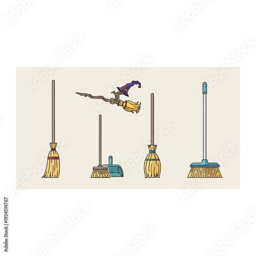 Classic and Witchy Brooms Household and Halloween Icons