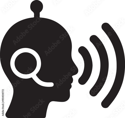 Virtual assistant signal wave silhouette with voice interaction lines, smart AI response concept, digital voice command illustration, minimal flat black vector design.