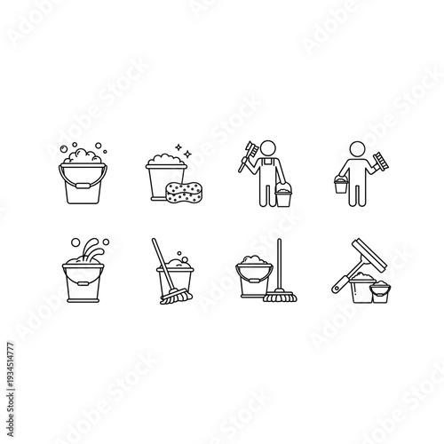 Essential Cleaning Tasks and Tool Outline Icons for Housekeeping