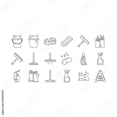 Minimalist Cleaning Service Outline Icons for Hygiene and Housework