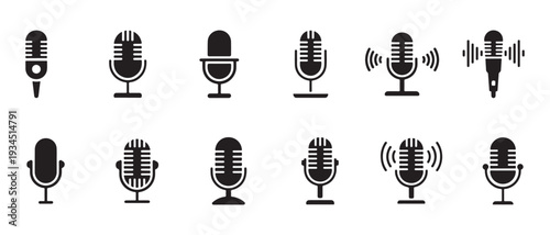 Vintage Microphone Collection. Retro Style Audio Recording Icons - Podcasting, Broadcasting, Music Production.