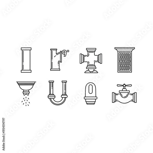 Set of Plumbing System Line Icons for Pipes and Drainage