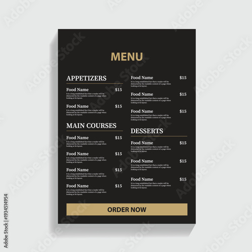 Dark restaurant menu with appetizers main courses and desserts Keywords: menu, restaurant, food