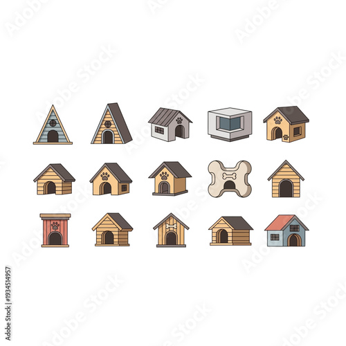 Cute Dog House and Pet Kennel Vector Icon Collection in Flat Style