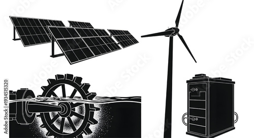 A collection of renewable energy sources and industrial equipment