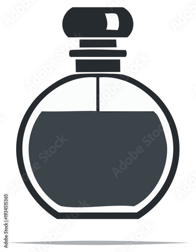 Elegant Circular Glass Perfume Bottle With Dark Liquid and Black Cap Iconic Design