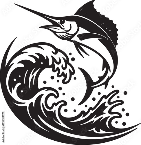 Vintage style black and white illustration of a marlin leaping from a cresting ocean wave