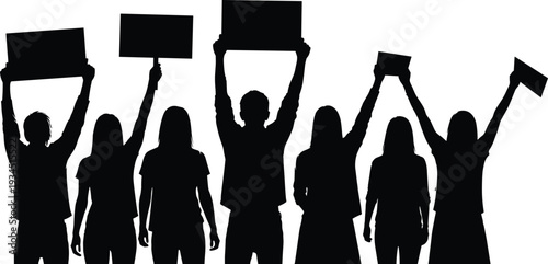 Silhouette group of protesters holding blank protest signs isolated on white background, crowd demonstration and social activism concept for awareness campaign
