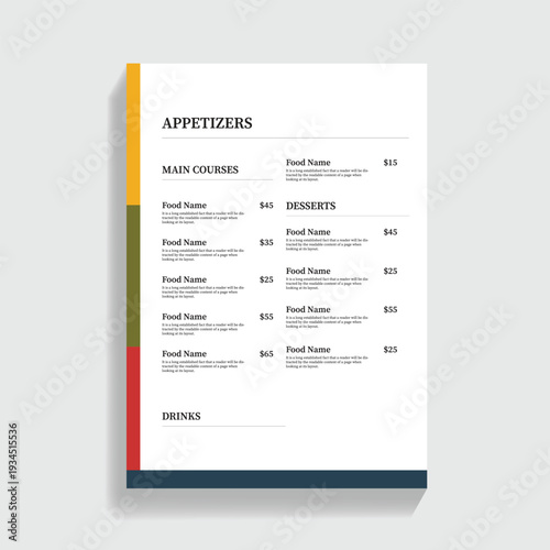 Restaurant Menu Template With Appetizers Main Courses Drinks and Desserts