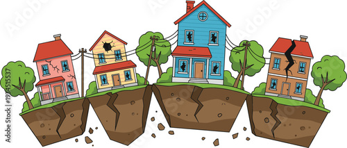 Natural disaster earthquake illustration with houses on cracked floating land segments for insurance safety and property damage concept
