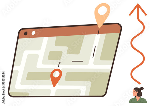 Travel planning, navigation, technology, direction, wayfinding, user interface designs. A map screen with location pins and an arrow guiding the way. Navigation and travel planning concepts