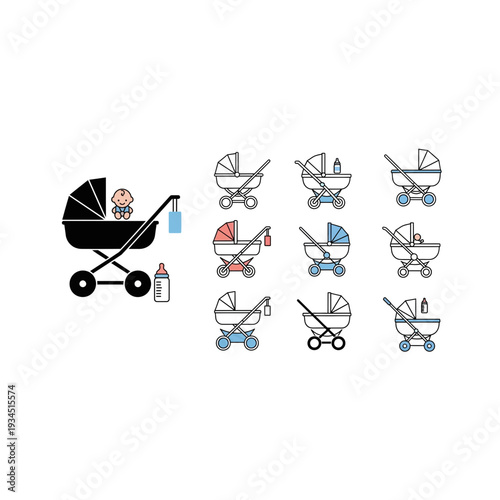 Baby Stroller and Carriage Vector Icon Set
