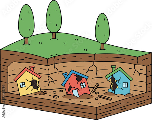 Natural disaster earthquake illustration showing damaged houses in sinkhole with soil cross-section for safety and insurance coverage concepts