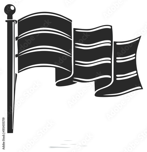 Black and white illustration of a waving flag on a pole, graphic design element.