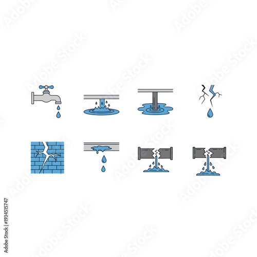 Plumbing Water Leak Repair Icons Pixel Art Design