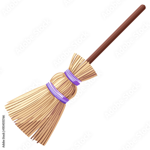 Illustration of a classic straw broom with a wooden handle and purple bindings