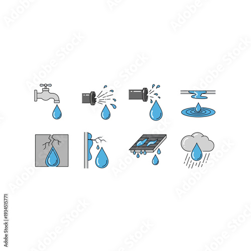Water Drip and Rain Plumbing Pixel Art Icon Set