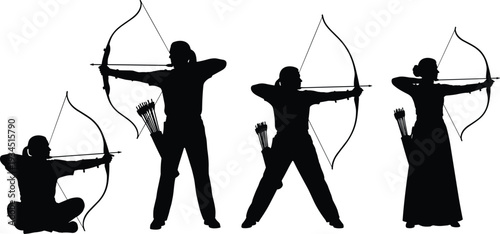Silhouette set of archers aiming with traditional bow and arrow isolated on white background, male and female archery sport action collection