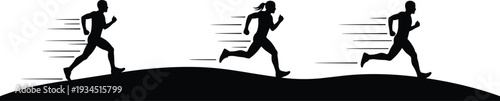 Silhouette of runners sprinting on hill isolated on white background, male and female athletes in outdoor fitness and marathon training concept