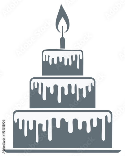 Celebratory tiered cake with frosting and candle flame for birthday or special events desserts. Delicious cakes concept