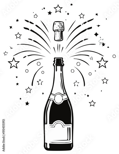 Champagne bottle bursting with cork flying, celebratory fireworks and stars, joyous occasion illustration