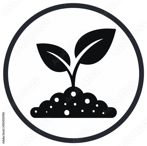 Simple black and white icon of a seedling growing from soil within a circle