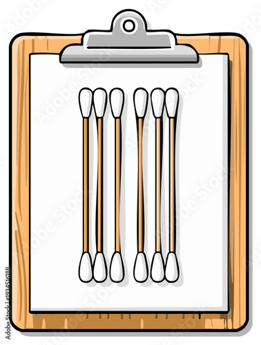 Cartoon wooden clipboard with cotton swabs arranged in two rows on white paper