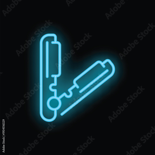 Blue neon icon of a hair straightener glowing on dark background