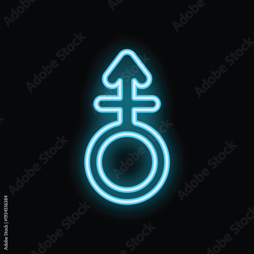 Blue neon male gender symbol glowing on black background