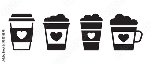 Vector Icons of Coffee Cups with Hearts, symbolizing love and warmth, perfect for cafe branding and Valentine's Day.