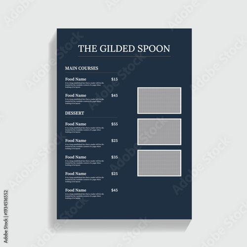 Restaurant Menu with Main Courses and Dessert Sections and Image Placeholders