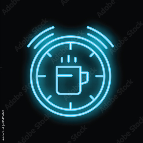 Blue neon sign showing a clock with a steaming cup inside symbolizing coffee break time