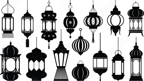 Ramadan lantern silhouettes collection, traditional Arabic hanging lamps isolated on white background Islamic decorative illustration set
