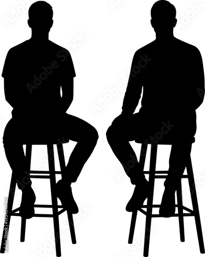 Men sitting on stool silhouettes, front view seated male figures isolated on white background, flat vector illustration