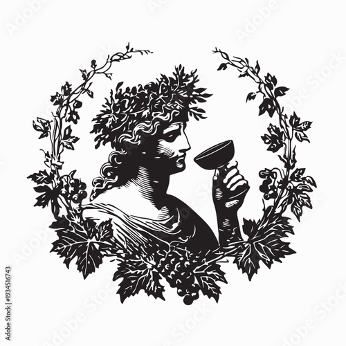 Dionysus Celebrating with Wine Cup and Grapes Logo Silhouette Vector