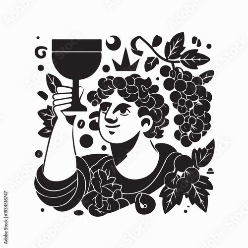 Dionysus Celebrating with Wine Cup and Grapes Logo Silhouette Vector