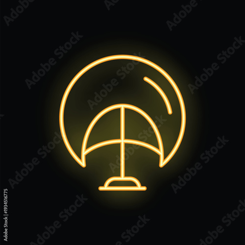 Yellow neon icon of a windsurf board on water waves glowing against a dark background