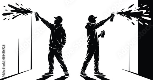 Graffiti artist silhouettes spraying paint, urban street art scene with aerosol can isolated on white background illustration