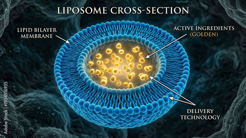 Cross section of liposome shows lipid bilayer membrane and active ingredients inside. Setting depicts biological structure at microscopic level. Concept of biotechnology, healthcare, drug development