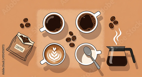 A vector graphic illustration of a coffee setup with cups, beans, and a pot on a table