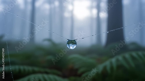 A single dewdrop glistens on a spiderweb in a misty forest.