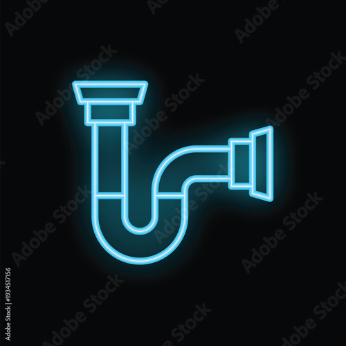 Neon sign of a plumbing sink trap glowing blue on black background