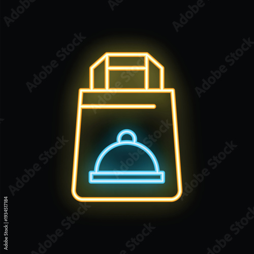 Neon food delivery bag icon glowing, concept of online food ordering and delivering service