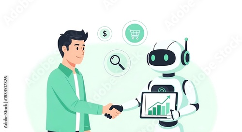 Human and robot partnership for automated e-commerce sales growth illustration for financial technology website banner