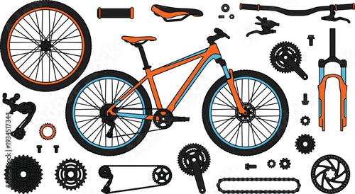 Mountain bike bicycle frame with various spare parts and components like wheels, chain, pedals, and gears, flat vector illustration