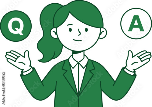 Businesswoman comparing options Q and A, decision making concept illustration in modern flat green corporate design style