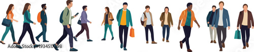 Diverse group of people walking in various directions on a city street, carrying bags and shopping, from a straightforward viewpoint